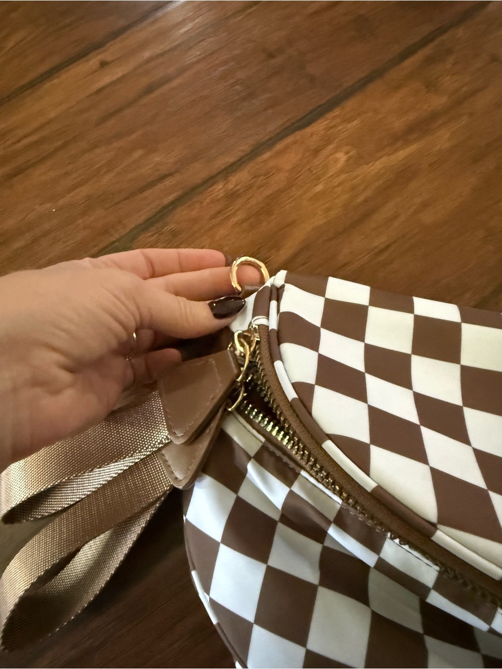 Checkerboard Brown & White Crossbody Belt Bag - Picture 4 of 5